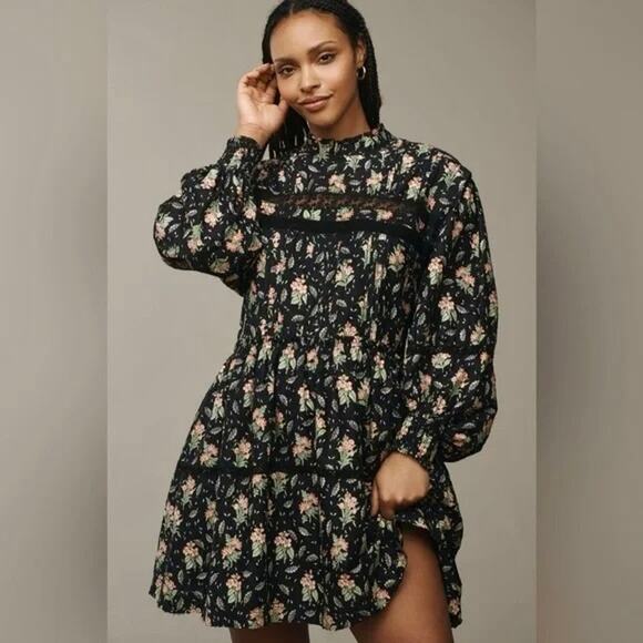 ANTHROPOLOGIE Pilcro Black & Pink Floral Swing Dress – Medium - Picture 2 of 12